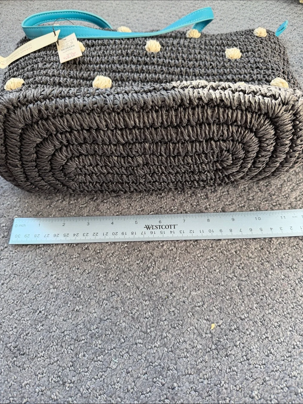 Talbots Black Woven Tote with Cream Dots and Turquoise Trim